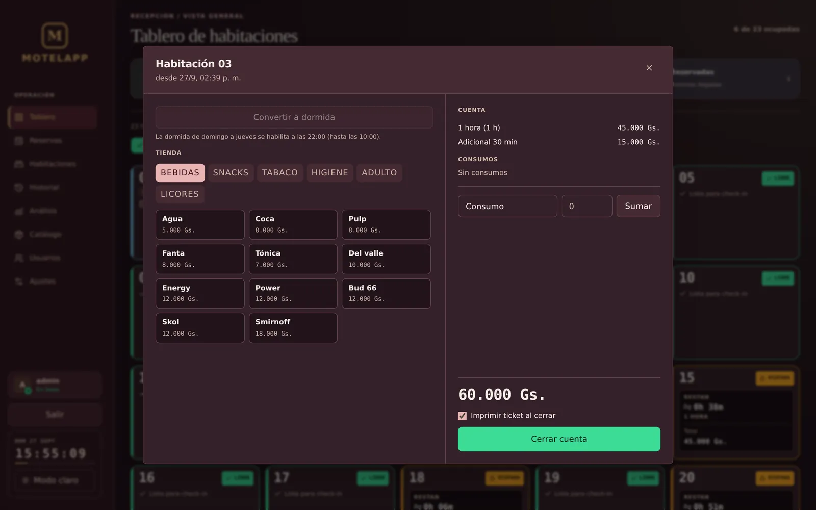 Cuenta de una habitación ocupada en MotelApp con tienda de consumos y total