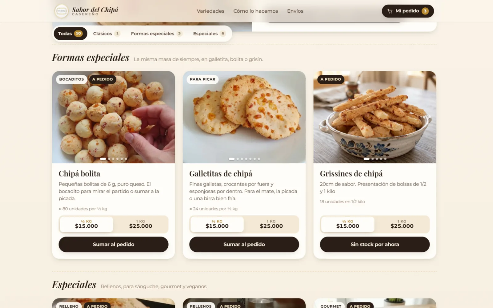 Catálogo de Sabor del Chipá con chipá bolita, galletitas y grisines, precios por medio kilo y por kilo