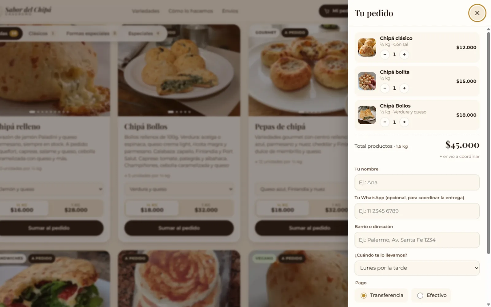 Panel de pedido de Sabor del Chipá con productos, total y datos de entrega para enviar por WhatsApp